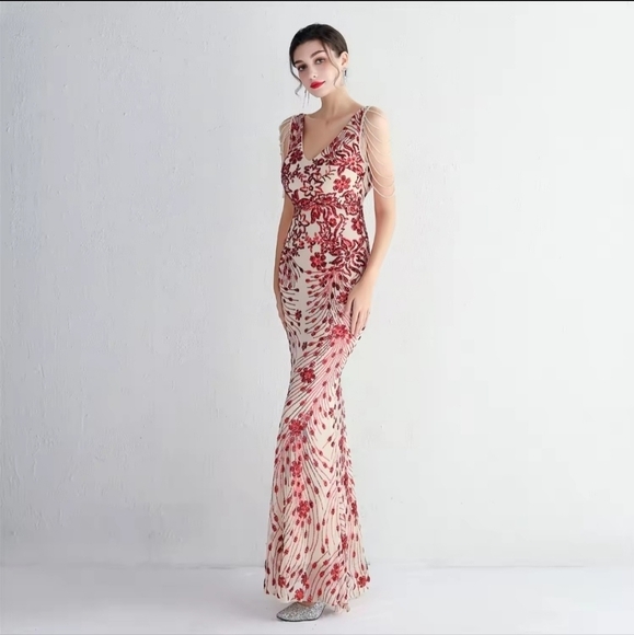 Red, Floral Print,  V Neck, Beaded Draped Sleeves,  Sequined Mermaid Gown - Picture 9 of 16